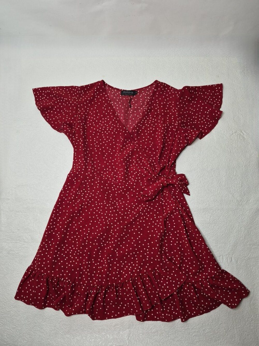 Relipop Womens XL Red White Polka Dot Ruffle Flutter Short Sleeve Wrap Dress